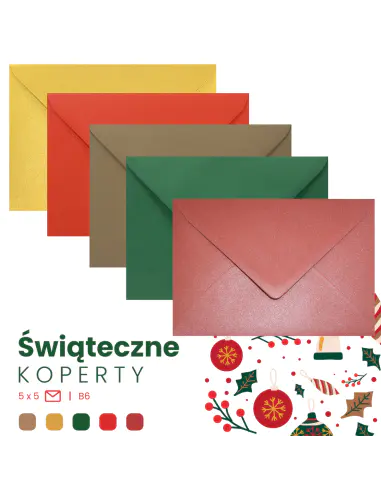 Set of mixed Christmas coloured gummed B6 envelopes - 25pcs.