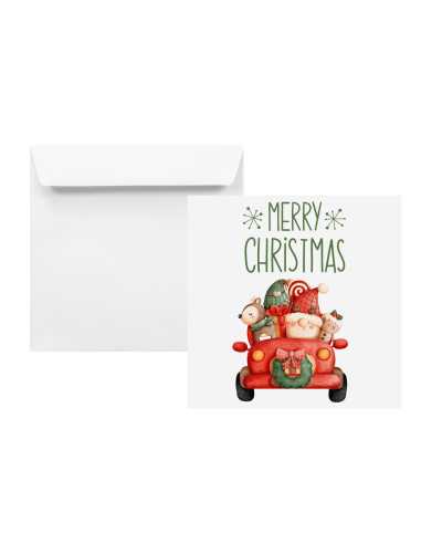 White square printed envelopes with Christmas car theme K4 15,5x15,5 100gsm peel&seal straight flap