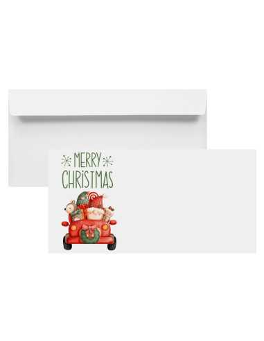 White long printed envelopes with Christmas car theme DL 11x22 100gsm peel&seal straight flap